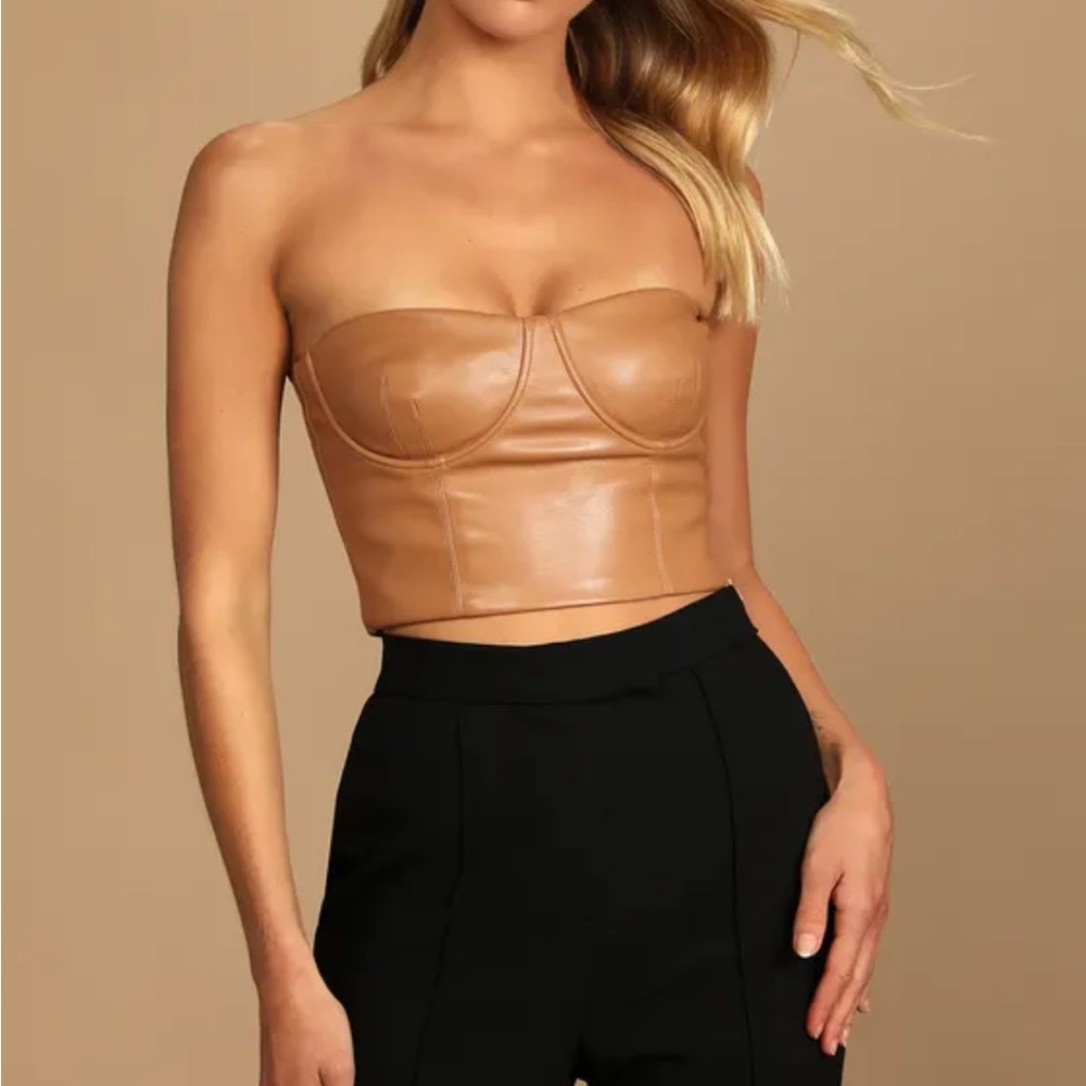 LULUS Date Night Pick Tan Vegan Leather Bustier Strapless Crop Top